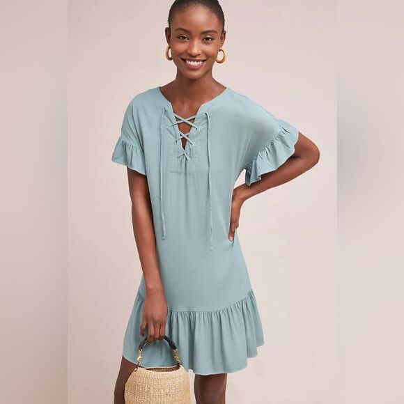 MICHAEL STARS ANTHROPOLOGIE- Ruffled Hem Dress Sea Foam Lace Up Shift, Size Lg - Picture 1 of 12
